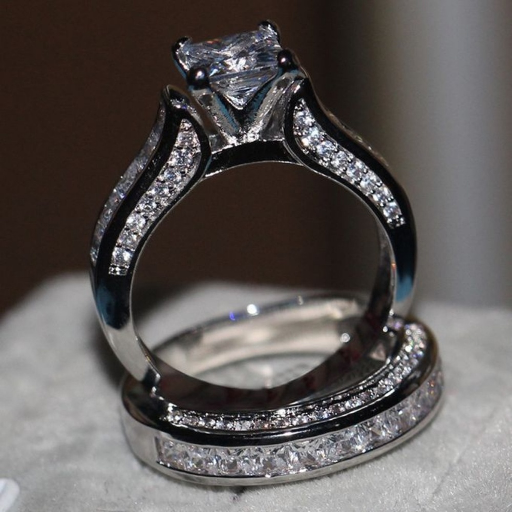 NEW 2pc 925 Silver Princess Cut Diamond Ring Z - Picture 5 of 5